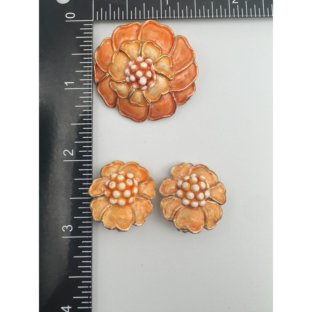 Vtg Hollycraft Brooch Orange Hydrangea Flower & Clip Enamel Earrings Set - Picture 5 of 8